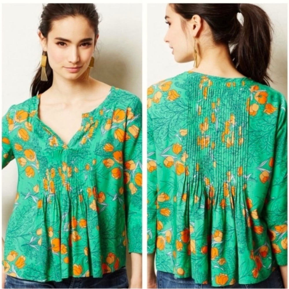 Vanessa Virginia Green & Orange Pintucked Poppy Swing Blouse
